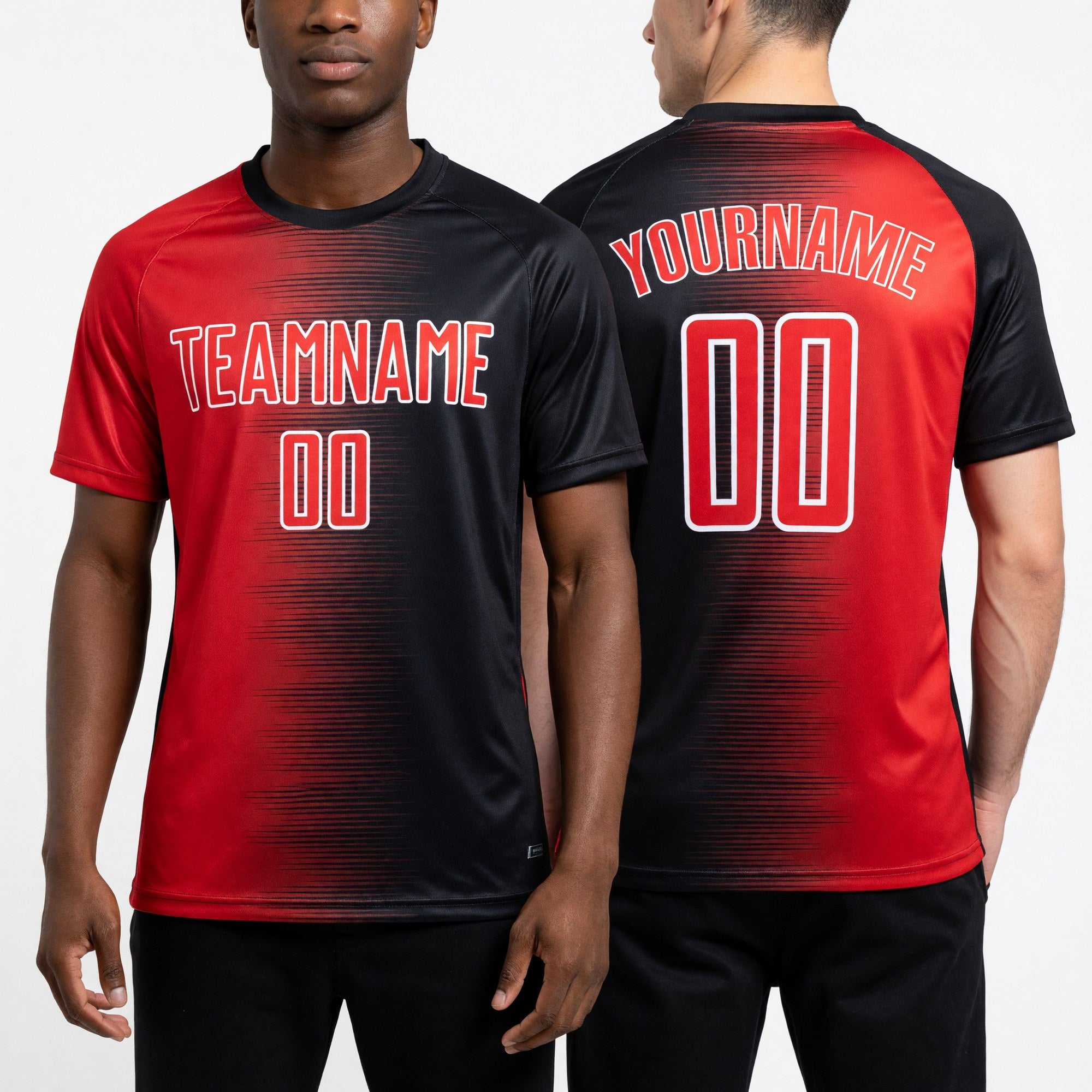 Custom Black Red-White Gradient Line Sublimation Soccer Uniform Jersey worn front and back