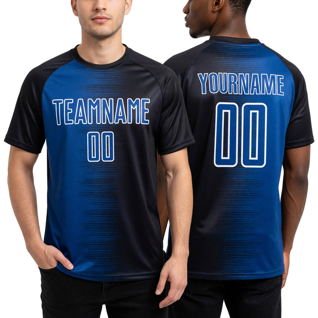 Custom Black Royal-White Gradient Line Sublimation Soccer Uniform Jersey worn front and back