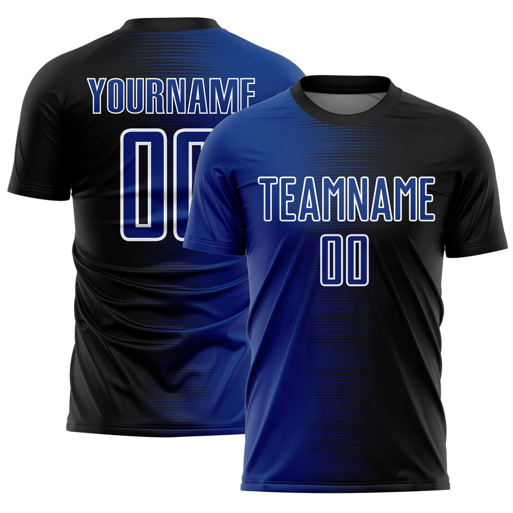 Custom Black Royal-White Gradient Line Sublimation Soccer Uniform Jersey