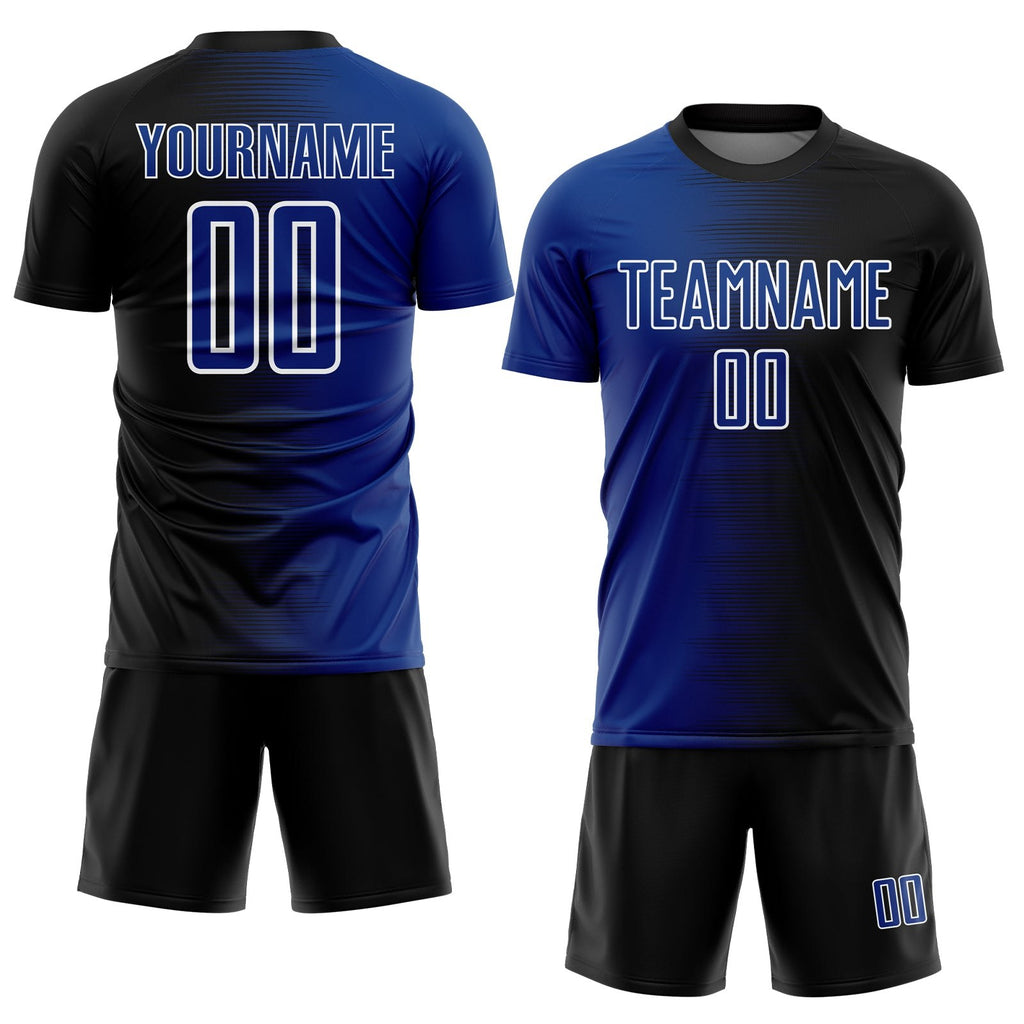 Custom Black Royal-White Gradient Line Sublimation Soccer Uniform Jersey photo 2