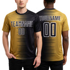 Custom Black Old Gold-White Gradient Line Sublimation Soccer Uniform Jersey worn front and back