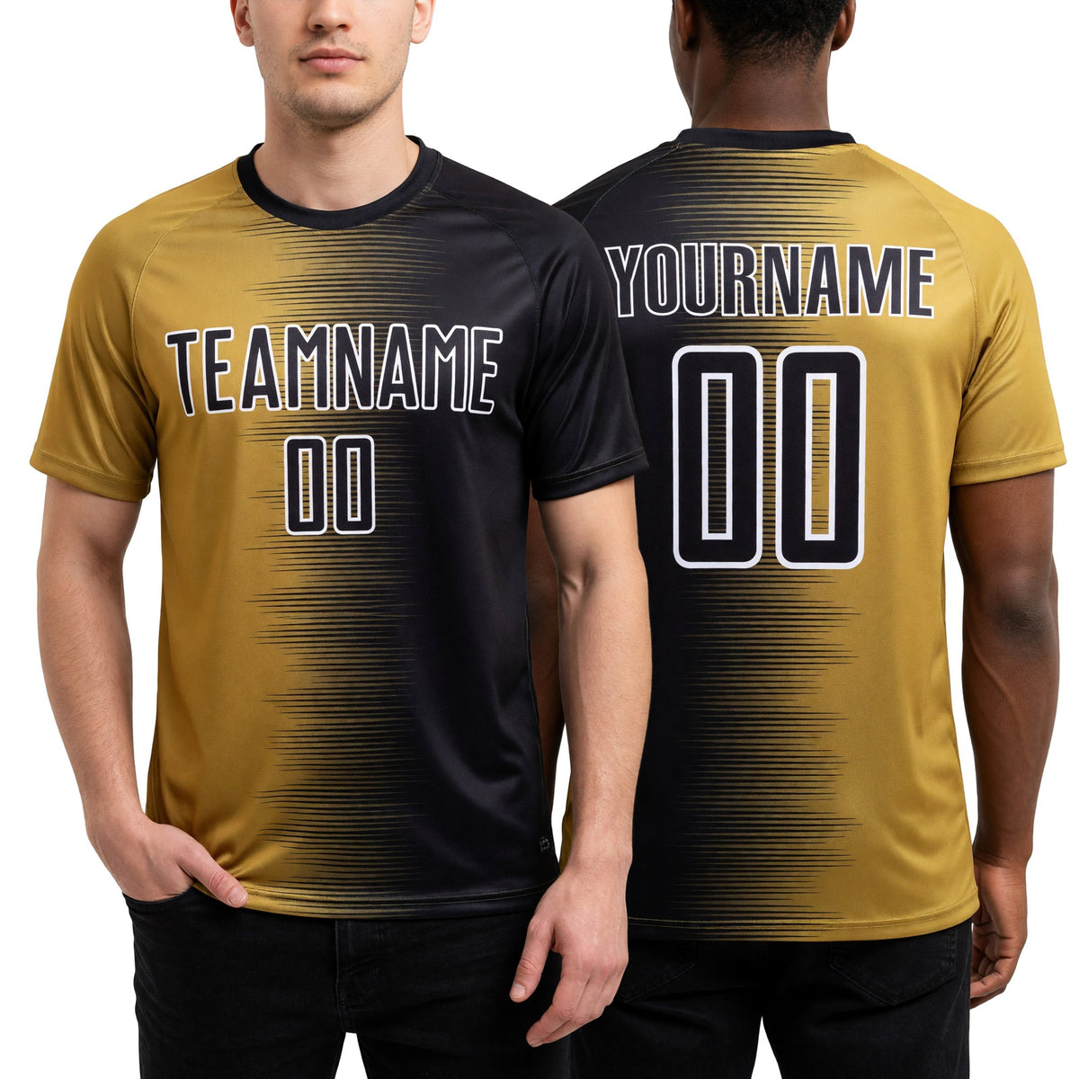 Custom Black Old Gold-White Gradient Line Sublimation Soccer Uniform Jersey worn front and back