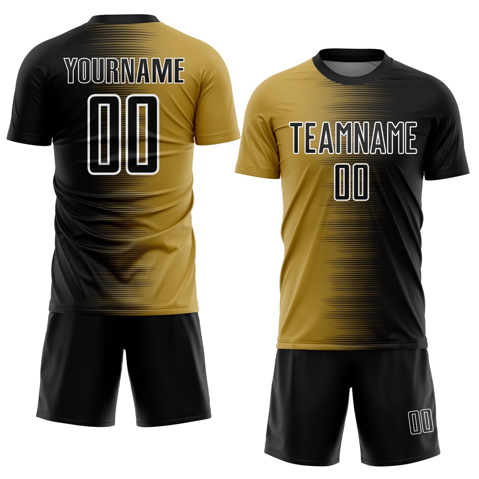 Custom Black Old Gold-White Gradient Line Sublimation Soccer Uniform Jersey photo 2