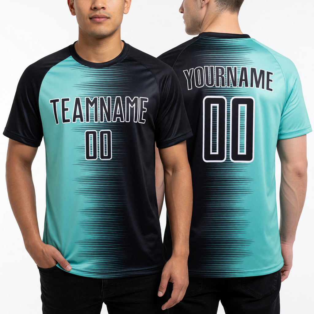 Custom Black Ice Blue-White Gradient Line Sublimation Soccer Uniform Jersey worn front and back