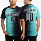 Custom Black Ice Blue-White Gradient Line Sublimation Soccer Uniform Jersey worn front and back