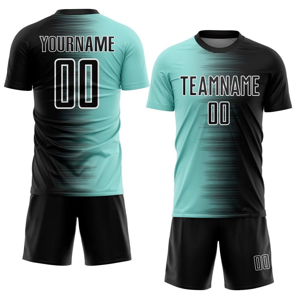 Custom Black Ice Blue-White Gradient Line Sublimation Soccer Uniform Jersey photo 2