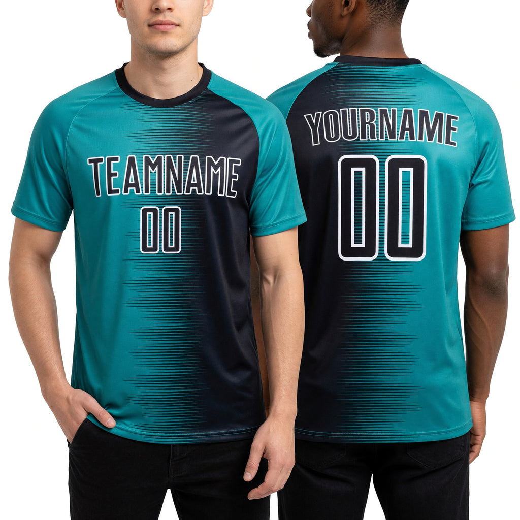 Custom Black Aqua-White Gradient Line Sublimation Soccer Uniform Jersey worn front and back