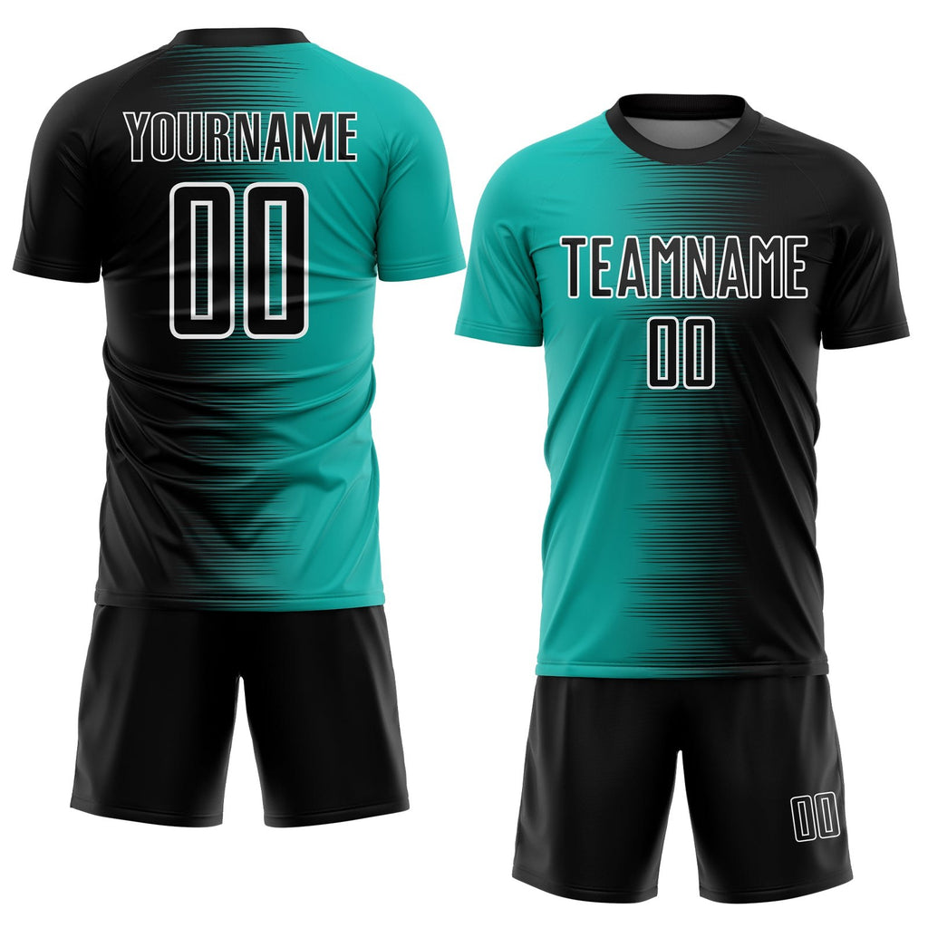 Custom Black Aqua-White Gradient Line Sublimation Soccer Uniform Jersey photo 2