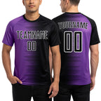 Custom Black Medium Purple-White Gradient Line Sublimation Soccer Uniform Jersey worn front and back
