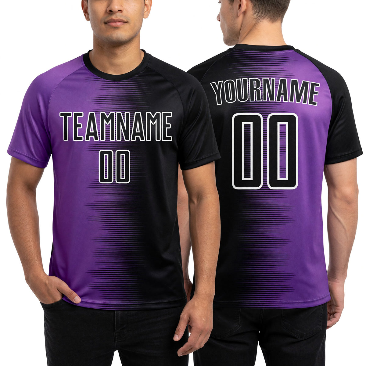 Custom Black Medium Purple-White Gradient Line Sublimation Soccer Uniform Jersey worn front and back