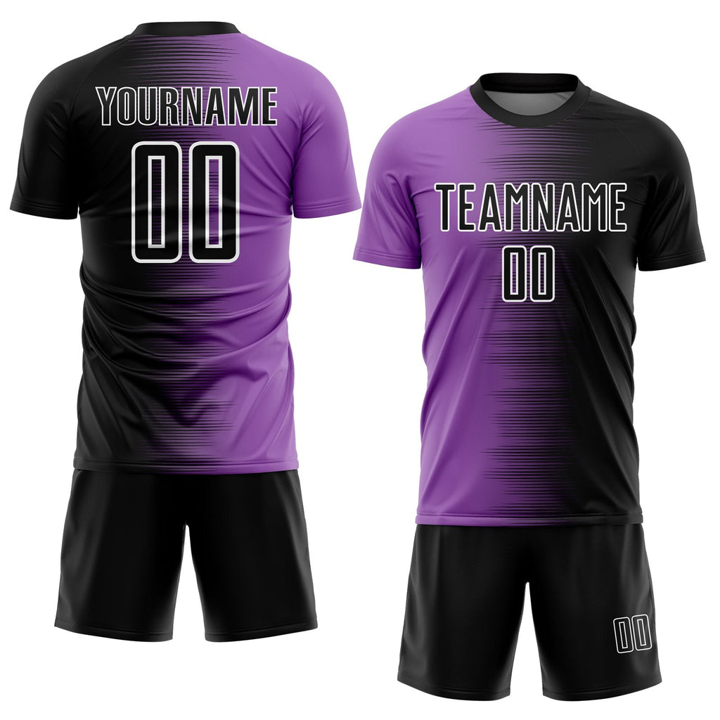 Custom Black Medium Purple-White Gradient Line Sublimation Soccer Uniform Jersey photo 2