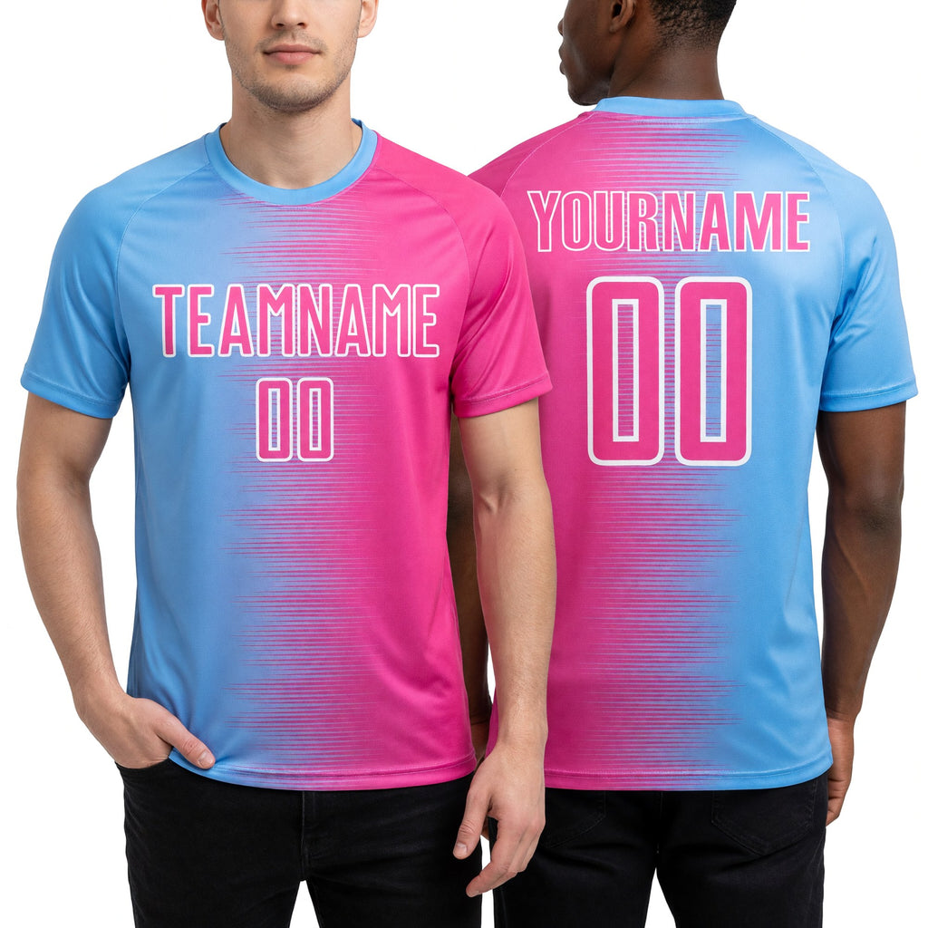 Custom Light Blue Pink-White Gradient Line Sublimation Soccer Uniform Jersey worn front and back