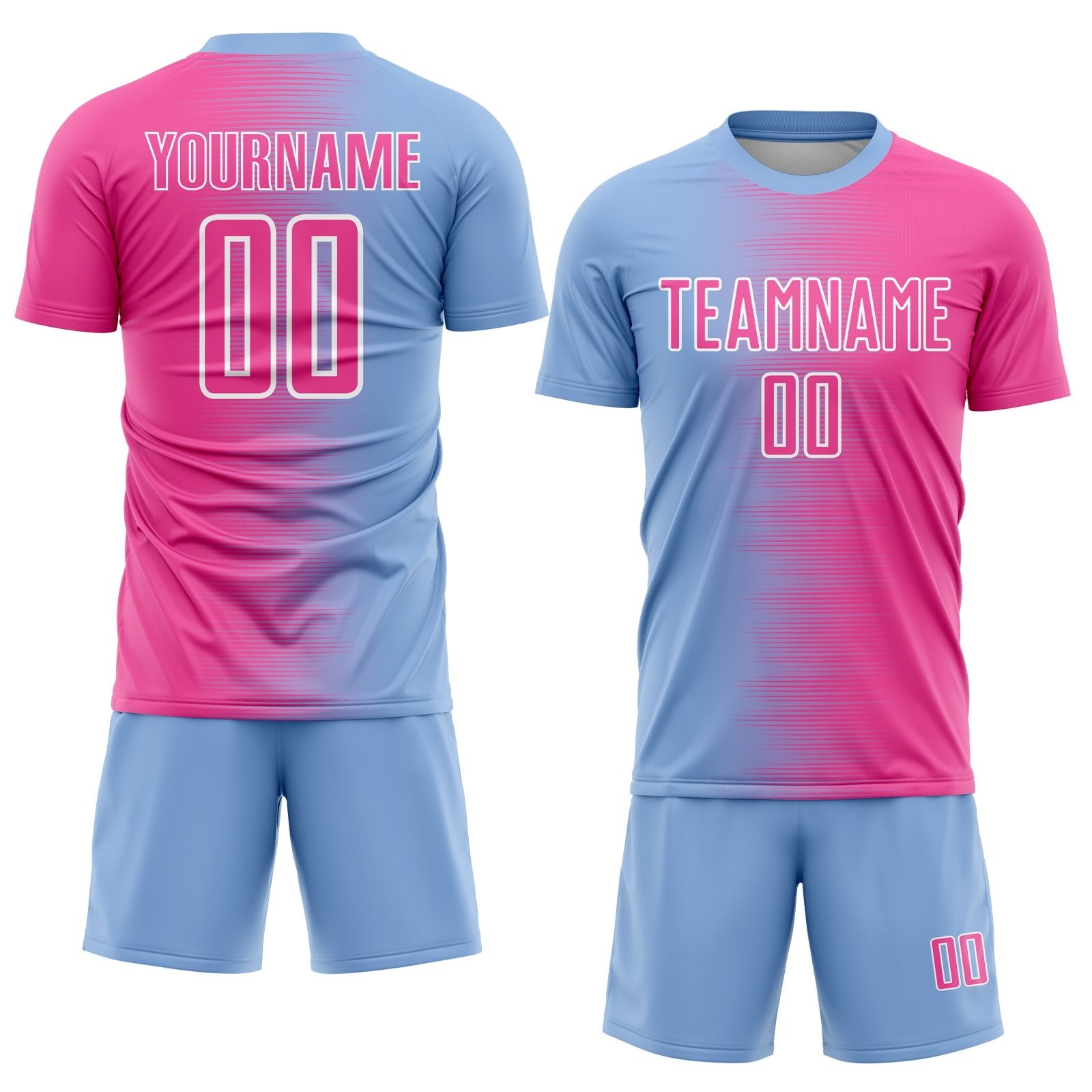Custom Light Blue Pink-White Gradient Line Sublimation Soccer Uniform Jersey photo 2