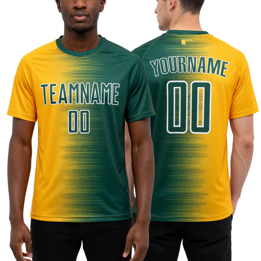 Custom Green Gold-White Gradient Line Sublimation Soccer Uniform Jersey worn front and back