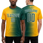 Custom Green Gold-White Gradient Line Sublimation Soccer Uniform Jersey worn front and back