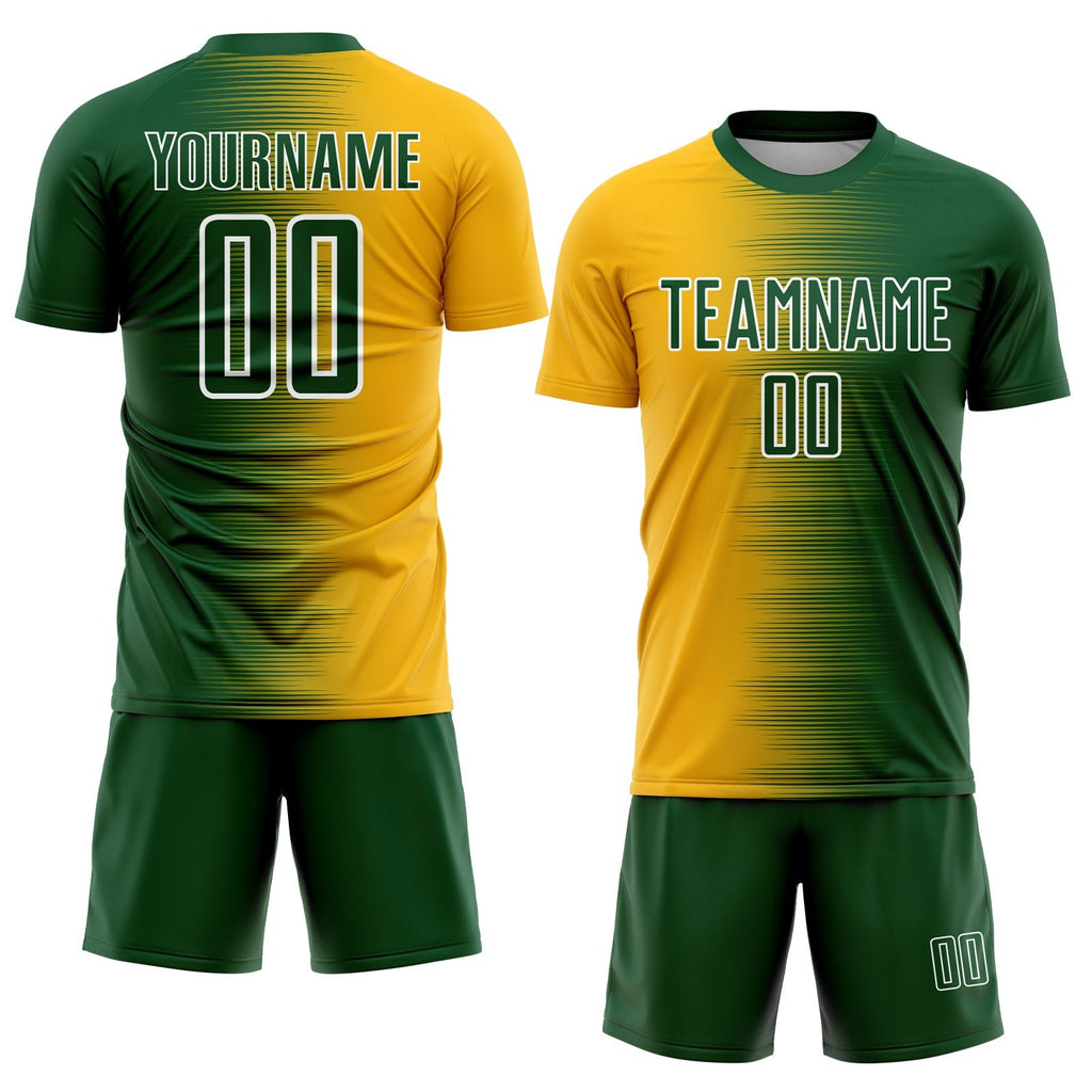Custom Green Gold-White Gradient Line Sublimation Soccer Uniform Jersey photo 2