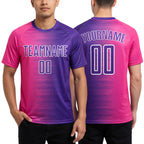Custom Purple Pink-White Gradient Line Sublimation Soccer Uniform Jersey worn front and back