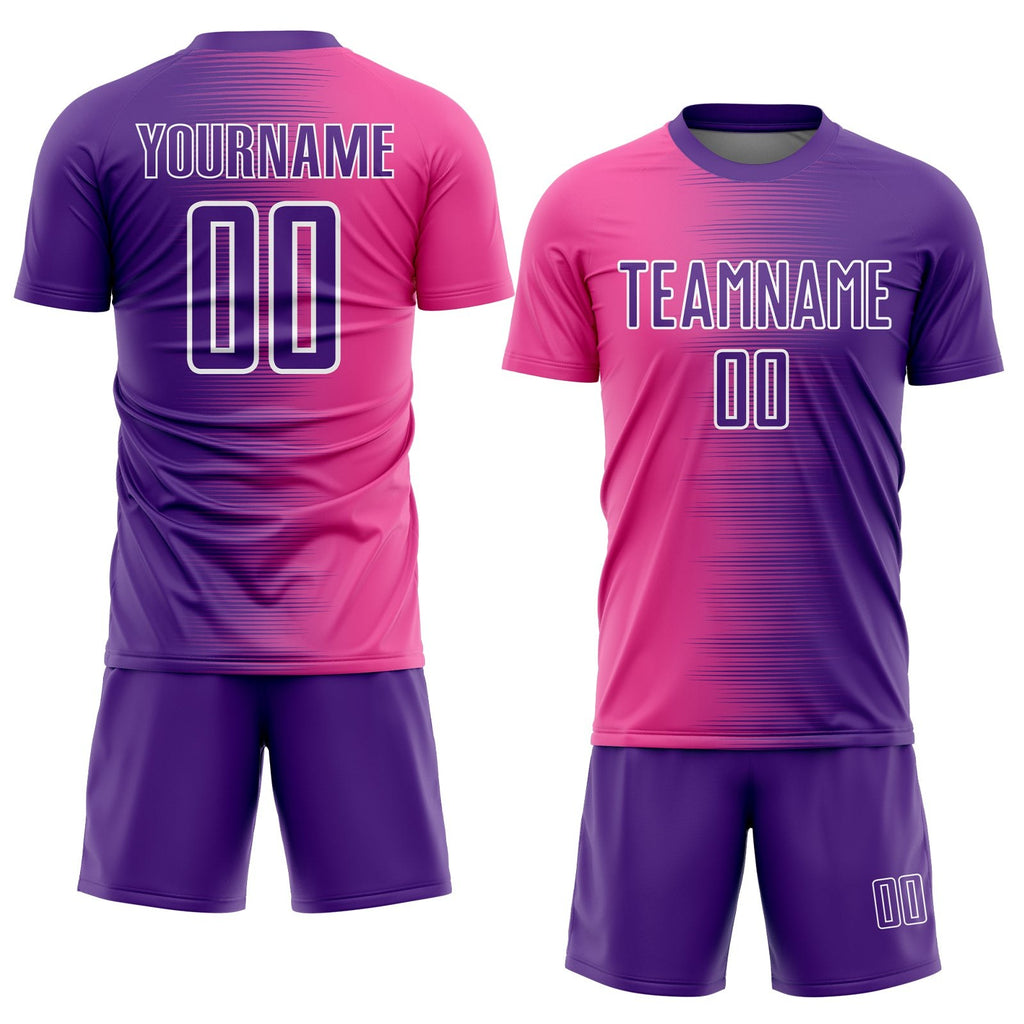 Custom Purple Pink-White Gradient Line Sublimation Soccer Uniform Jersey photo 2