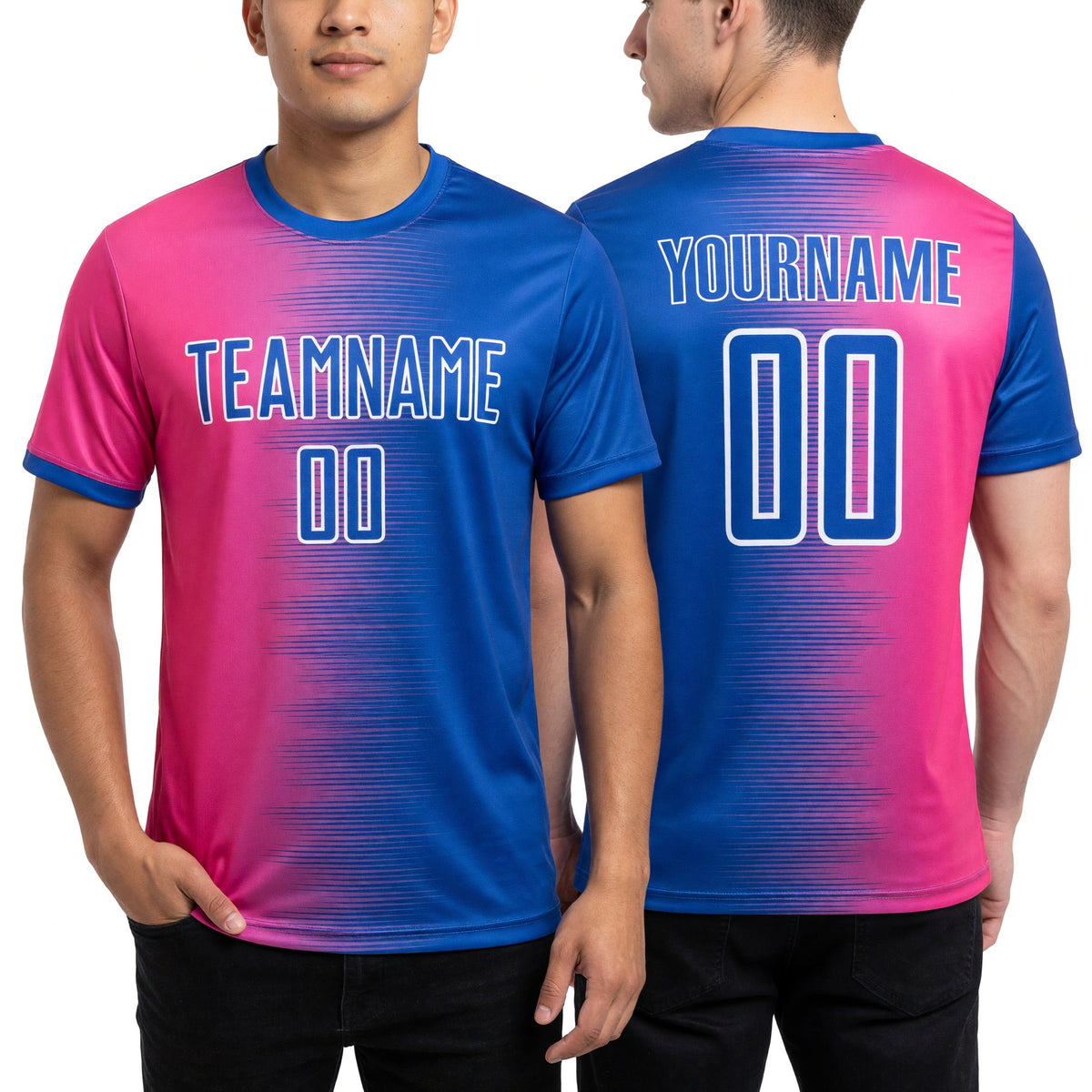 Custom Thunder Blue Pink-White Gradient Line Sublimation Soccer Uniform Jersey worn front and back