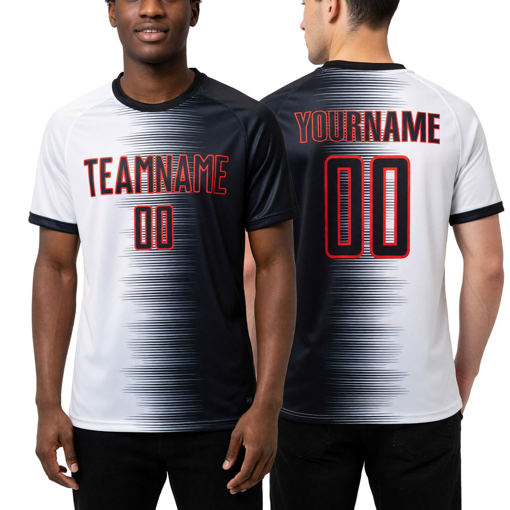 Custom Black White-Red Gradient Line Sublimation Soccer Uniform Jersey worn front and back