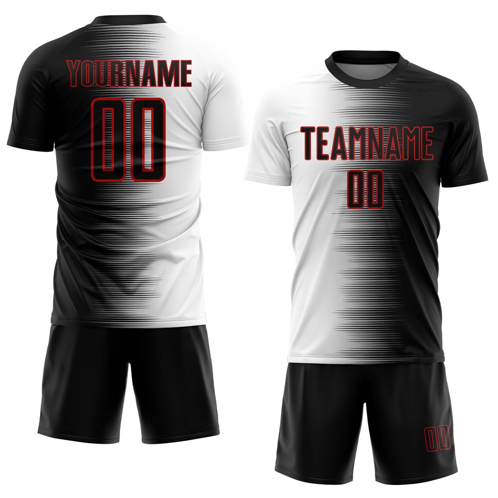 Custom Black White-Red Gradient Line Sublimation Soccer Uniform Jersey photo 2