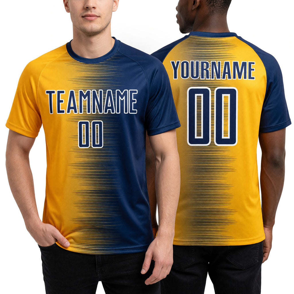 Custom Navy Gold-White Gradient Line Sublimation Soccer Uniform Jersey worn front and back