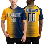 Custom Navy Gold-White Gradient Line Sublimation Soccer Uniform Jersey worn front and back