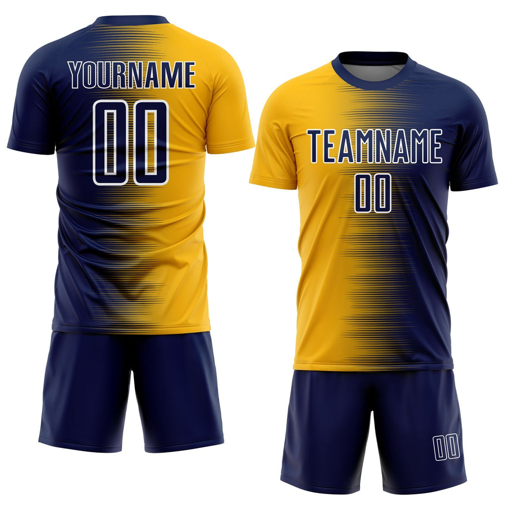 Custom Navy Gold-White Gradient Line Sublimation Soccer Uniform Jersey photo 2