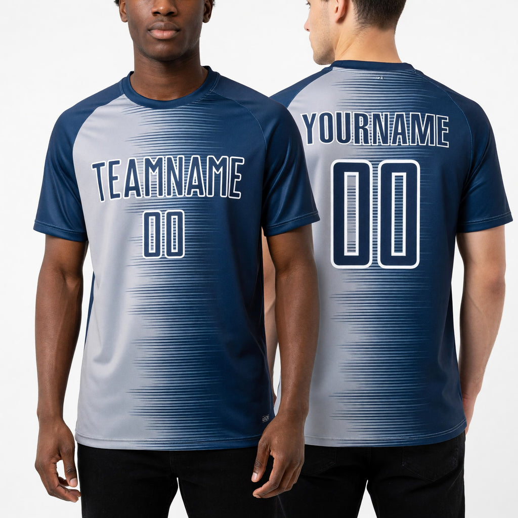 Custom Navy Gray-White Gradient Line Sublimation Soccer Uniform Jersey worn front and back