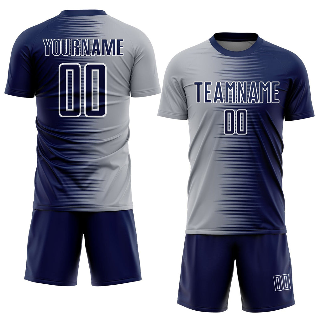 Custom Navy Gray-White Gradient Line Sublimation Soccer Uniform Jersey photo 2
