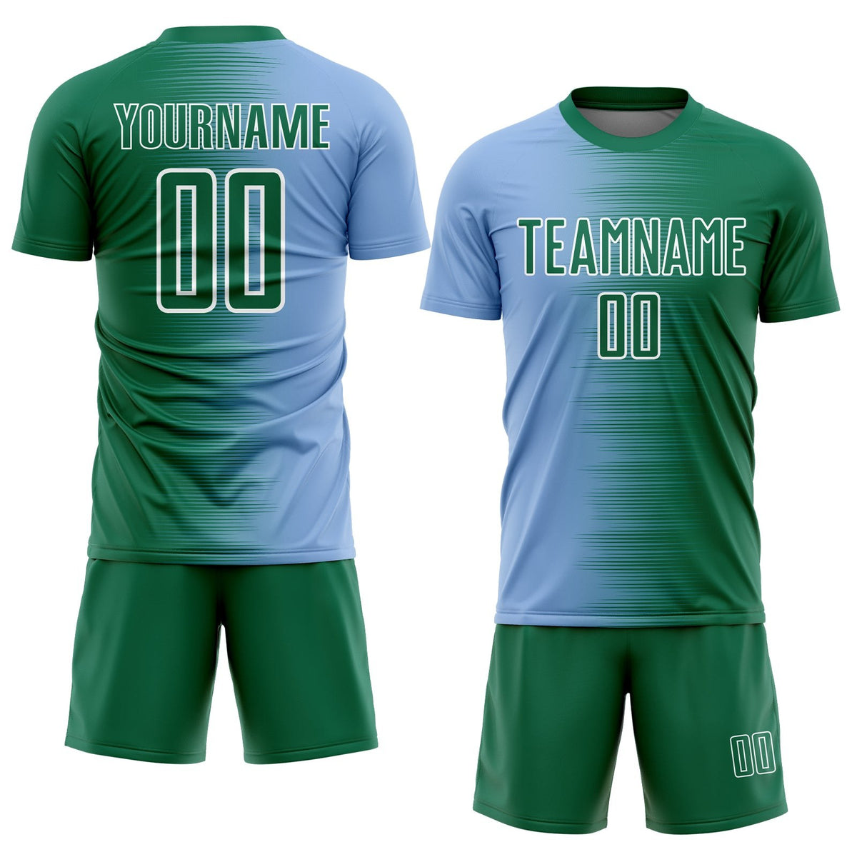 Custom Kelly Green Light Blue-White Gradient Line Sublimation Soccer Uniform Jersey photo 2