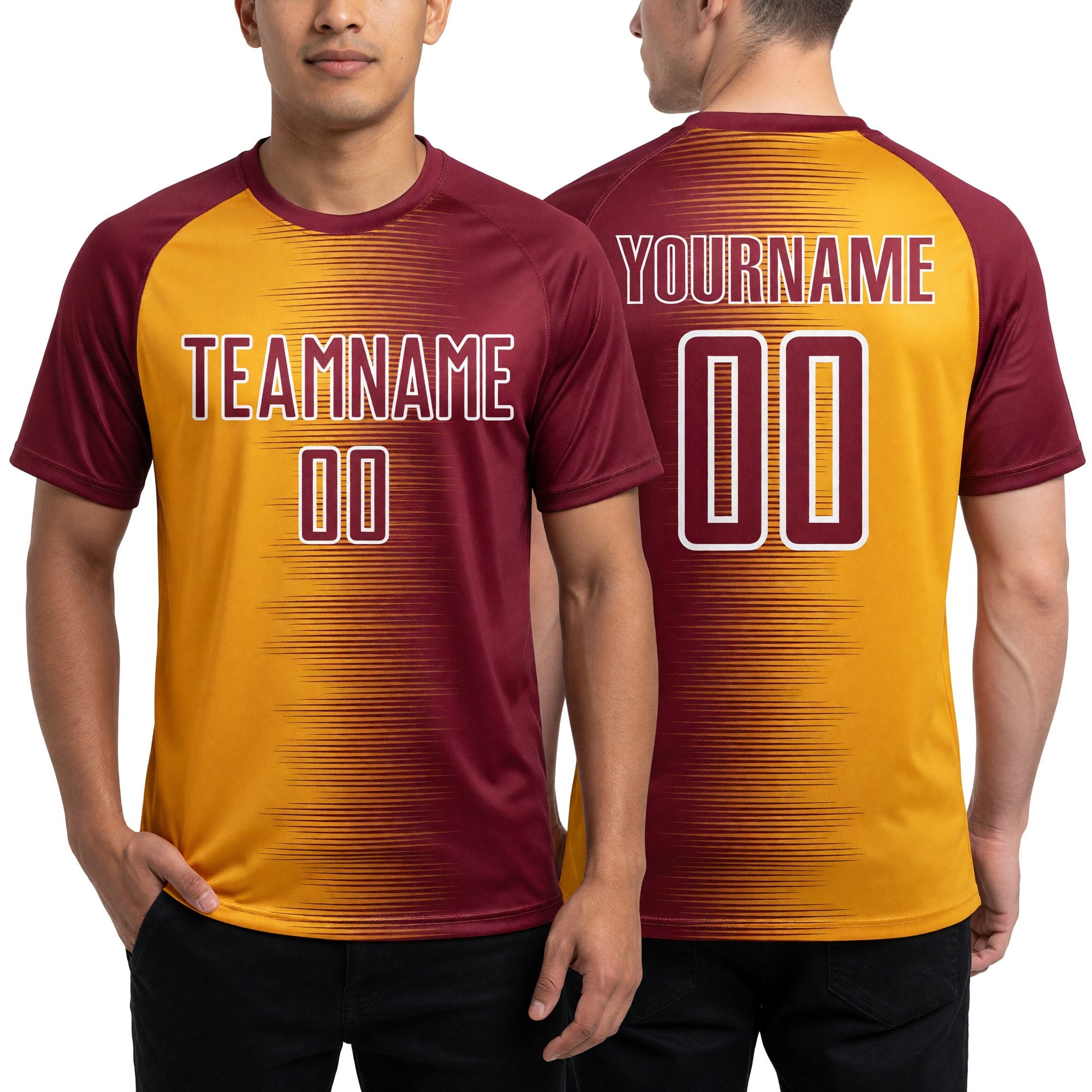Custom Crimson Gold-White Gradient Line Sublimation Soccer Uniform Jersey worn front and back
