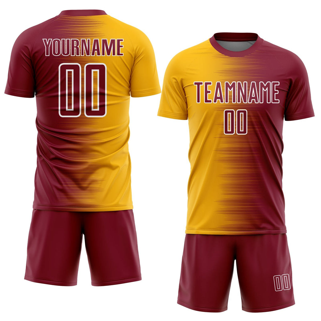 Custom Crimson Gold-White Gradient Line Sublimation Soccer Uniform Jersey photo 2