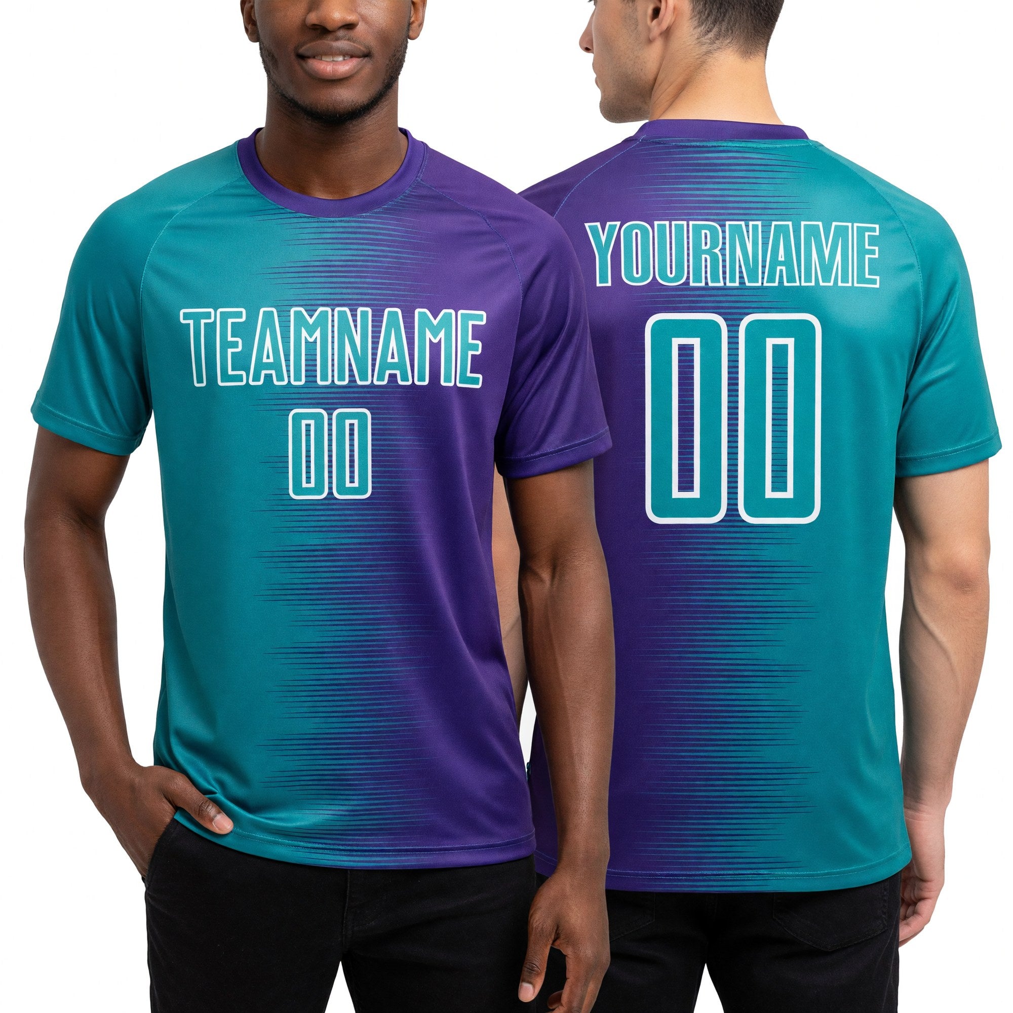 Custom Purple Aqua-White Gradient Line Sublimation Soccer Uniform Jersey worn front and back