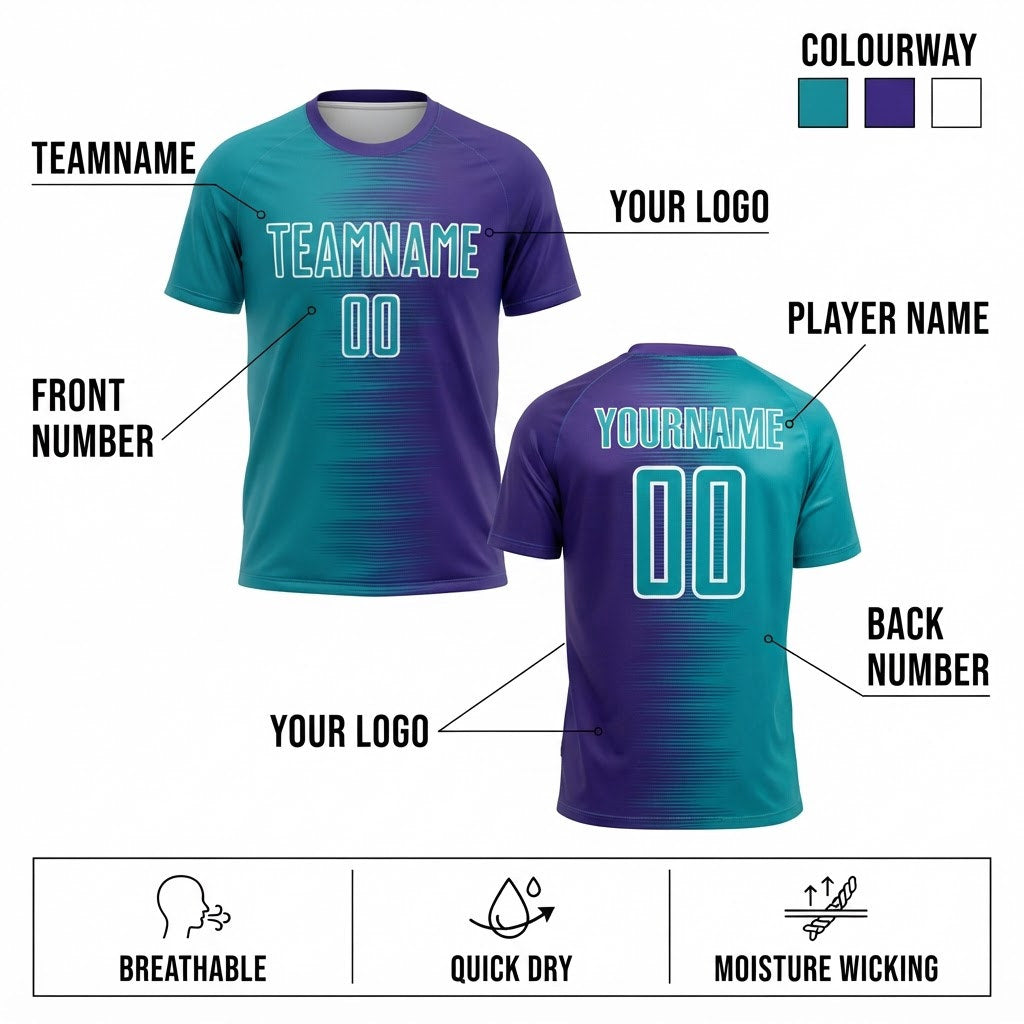 Custom Purple Gradient Line Sublimated Soccer Jersey with Aqua and White Lettering customization guide