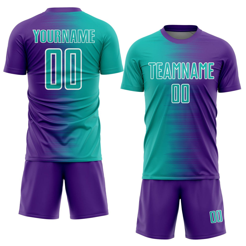 Custom Purple Aqua-White Gradient Line Sublimation Soccer Uniform Jersey photo 2