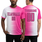 Custom Pink White-Black Gradient Line Sublimation Soccer Uniform Jersey worn front and back