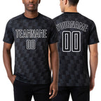 Custom Black White Line Sublimation Soccer Uniform Jersey worn front and back