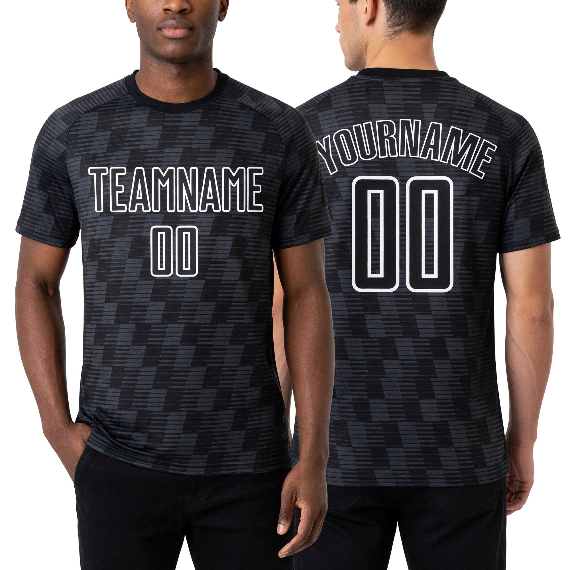 Custom Black White Line Sublimation Soccer Uniform Jersey worn front and back
