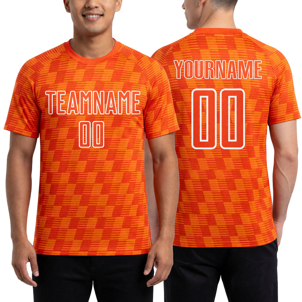 Custom Orange Bay Orange-White Line Sublimation Soccer Uniform Jersey worn front and back