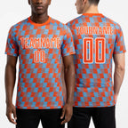 Custom Orange Sky Blue-White Line Sublimation Soccer Uniform Jersey worn front and back