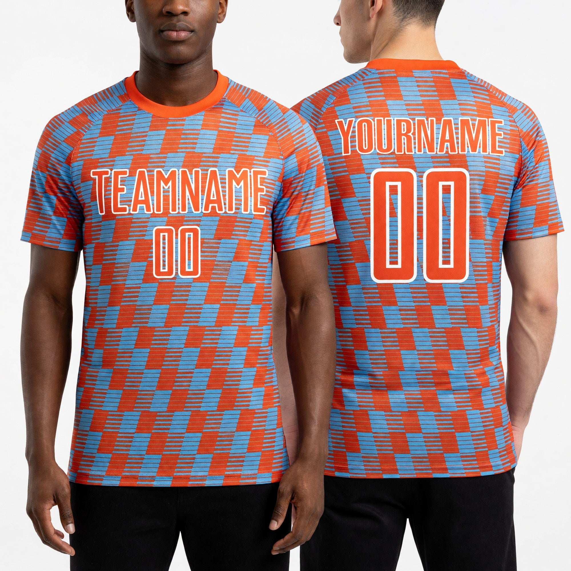 Custom Orange Sky Blue-White Line Sublimation Soccer Uniform Jersey worn front and back