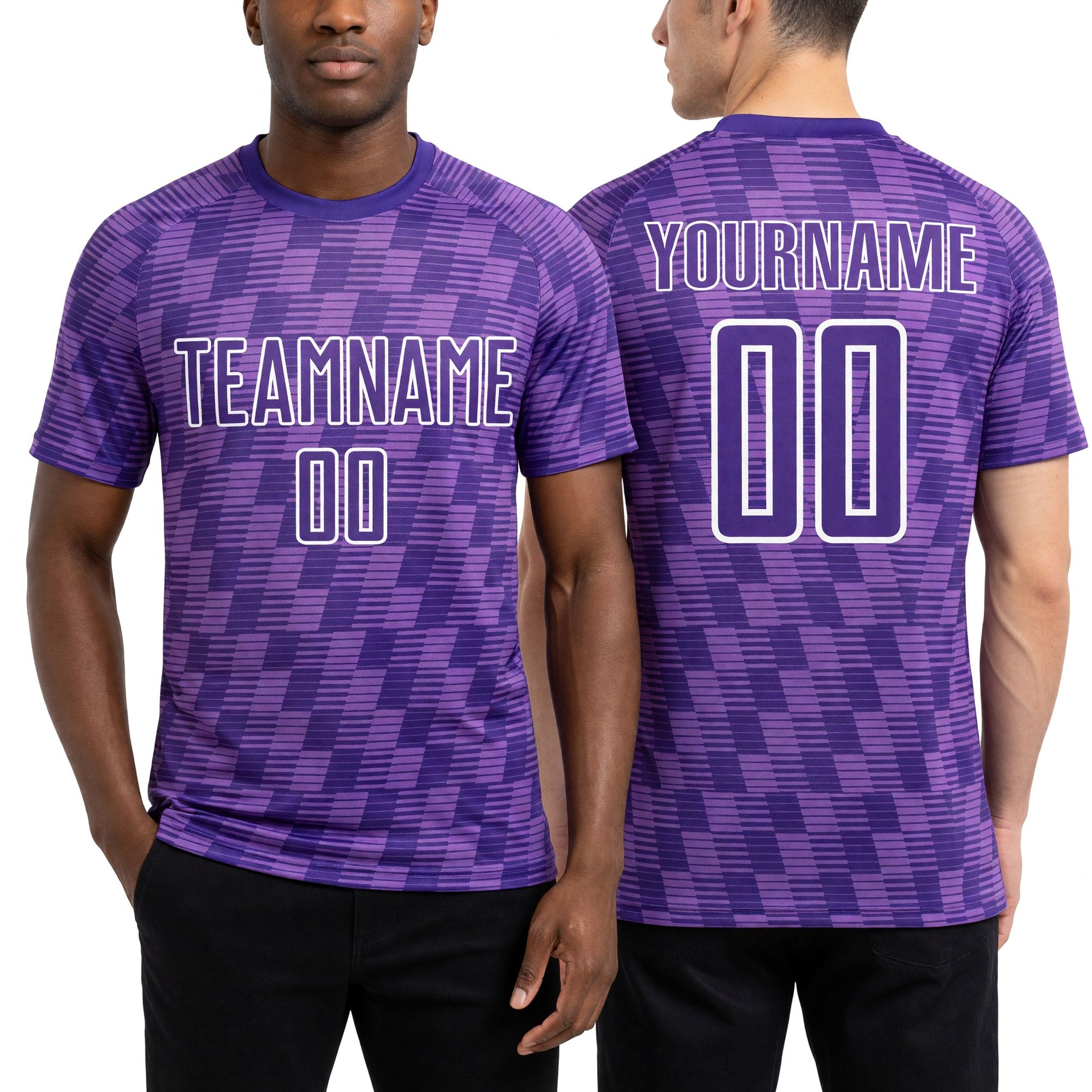Custom Purple Medium Purple-White Line Sublimation Soccer Uniform Jersey worn front and back