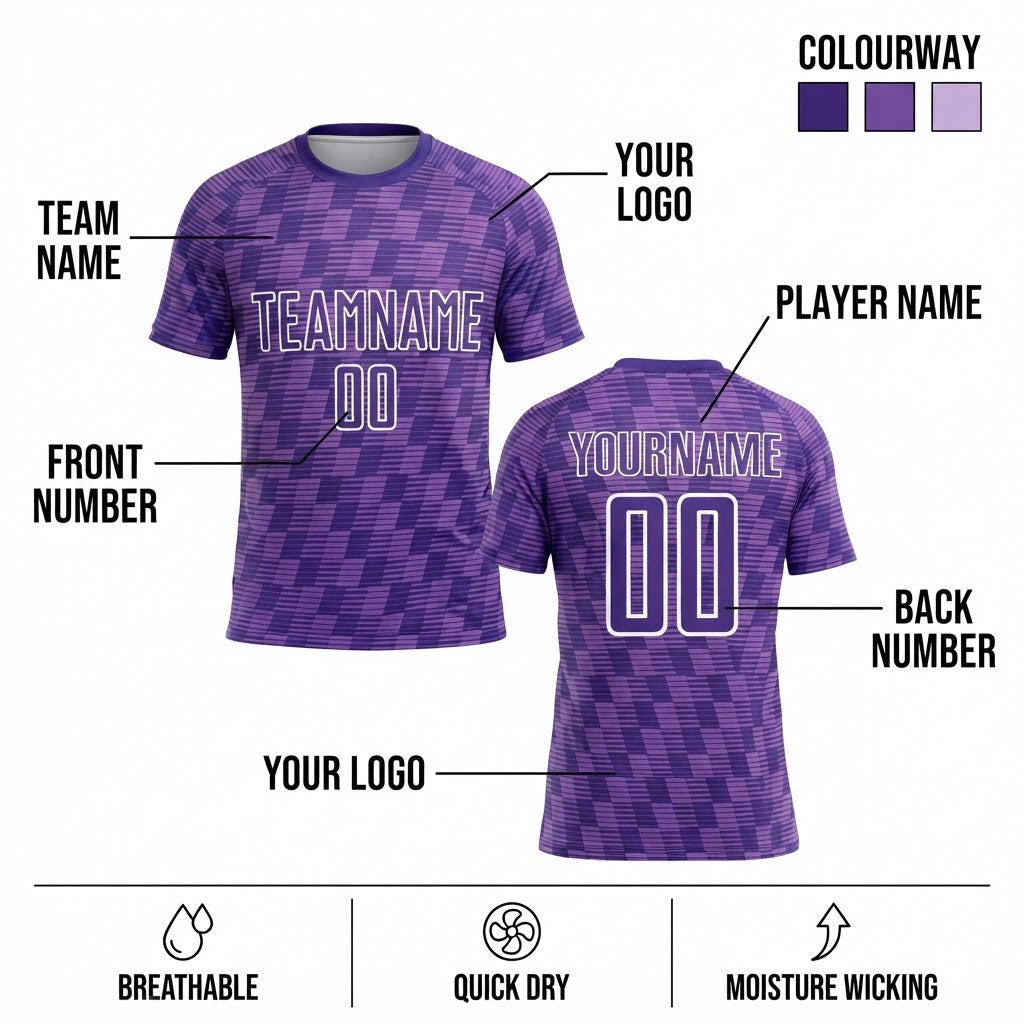 Custom Purple Line Sublimated Soccer Jersey with Medium Purple and White Lettering Design 2398 customization guide