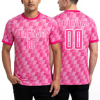 Custom Pink Light Pink-White Line Sublimation Soccer Uniform Jersey worn front and back