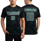 Custom Black Green-White Line Sublimation Soccer Uniform Jersey worn front and back