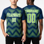 Custom Navy Neon Green-White Line Sublimation Soccer Uniform Jersey worn front and back
