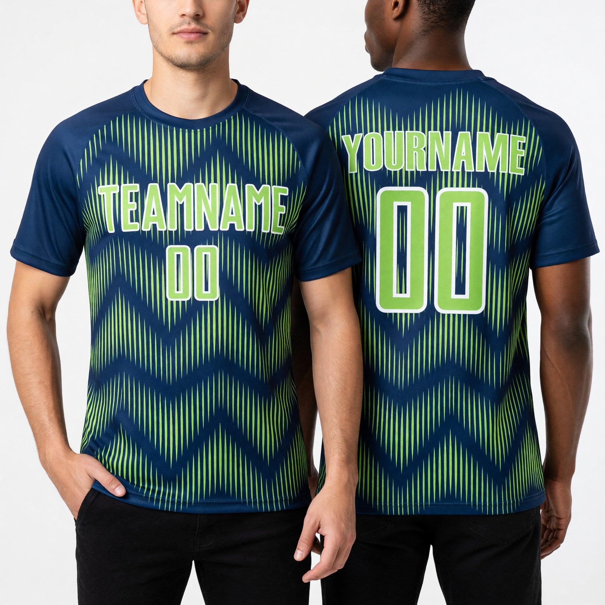 Custom Navy Neon Green-White Line Sublimation Soccer Uniform Jersey worn front and back