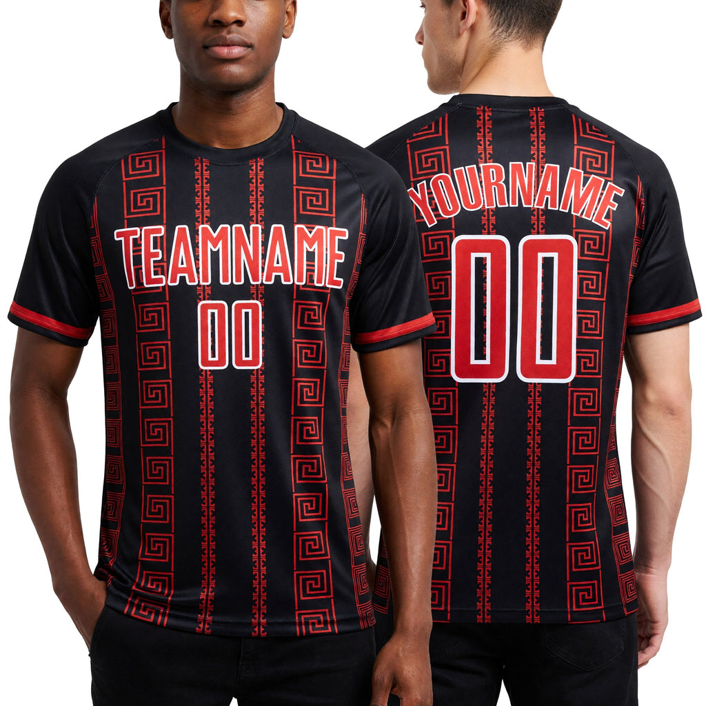 Custom Black Red-White Geometric Shape Sublimation Soccer Uniform Jersey worn front and back