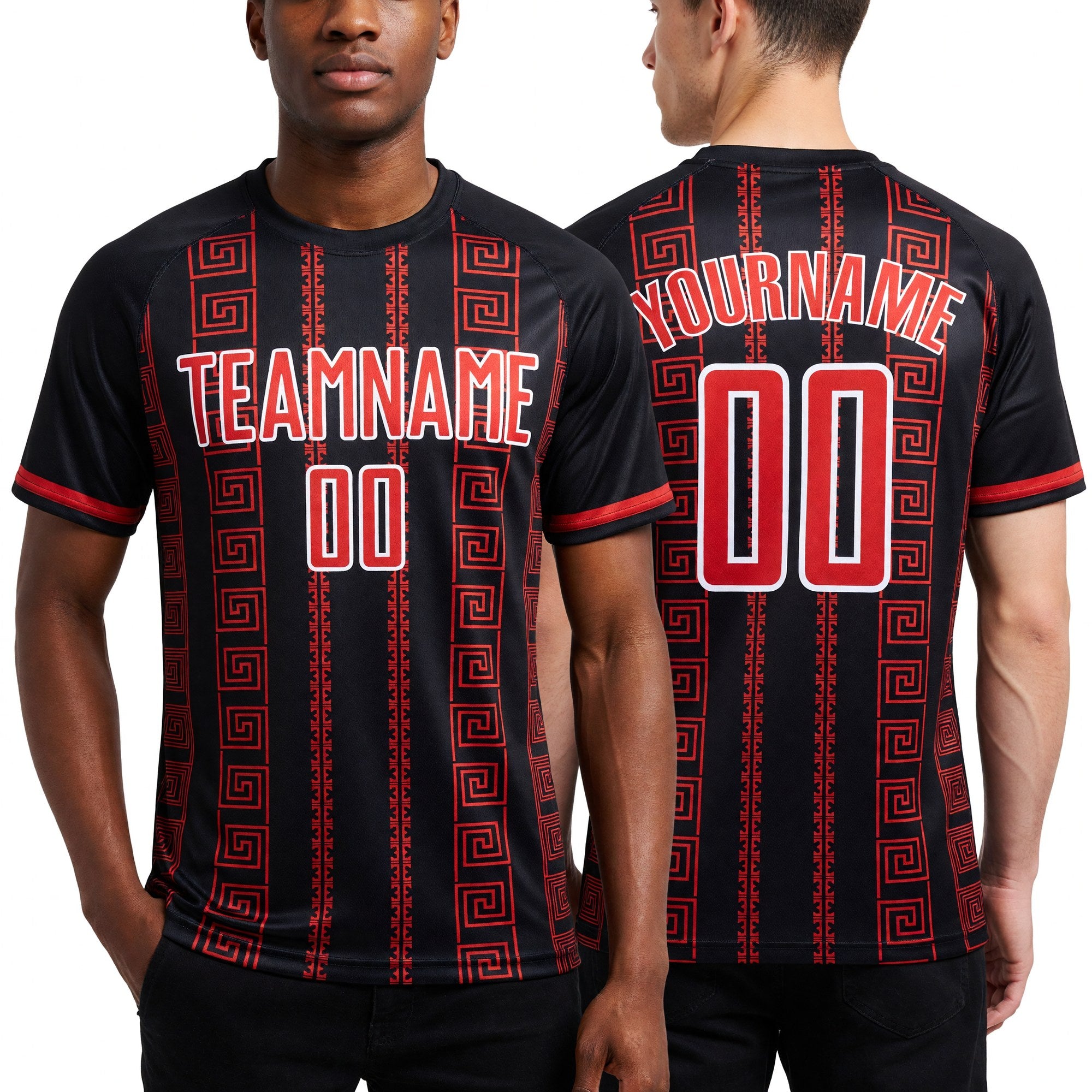 Custom Black Red-White Geometric Shape Sublimation Soccer Uniform Jersey worn front and back
